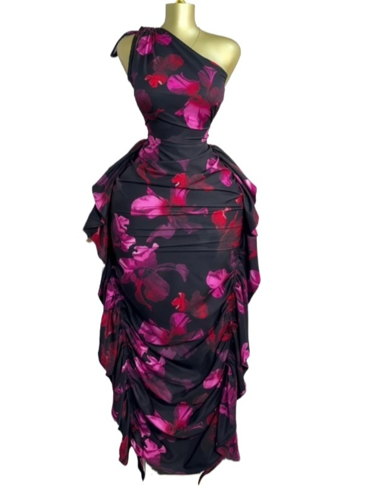 Midi Skirt Floral - Women Floral Printed One Shoulder Sleeveless