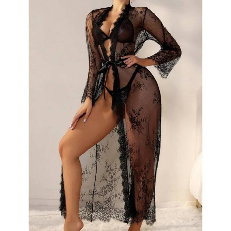 Black Lace Sheer Long Robe For - Kimono Sheer Floral 评论和价格