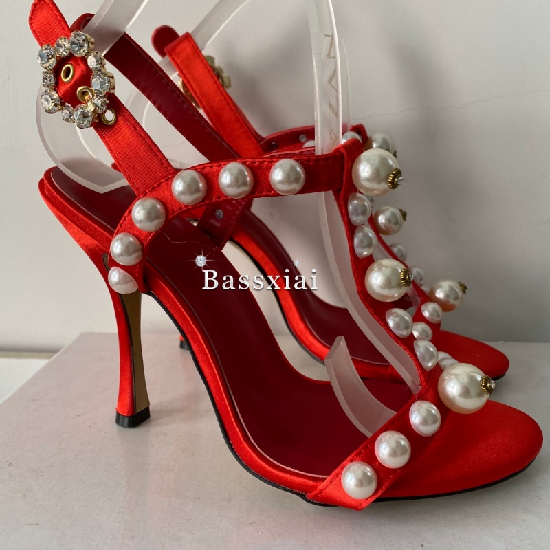 Pearl Bead Decor T-Strap Stile - Sandal Strappy Heeled 评论和价格