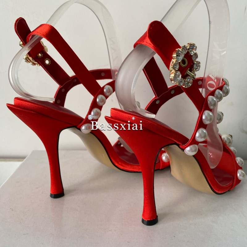 Pearl Bead Decor T-Strap Stile - Sandal Strappy Heeled 评论和价格