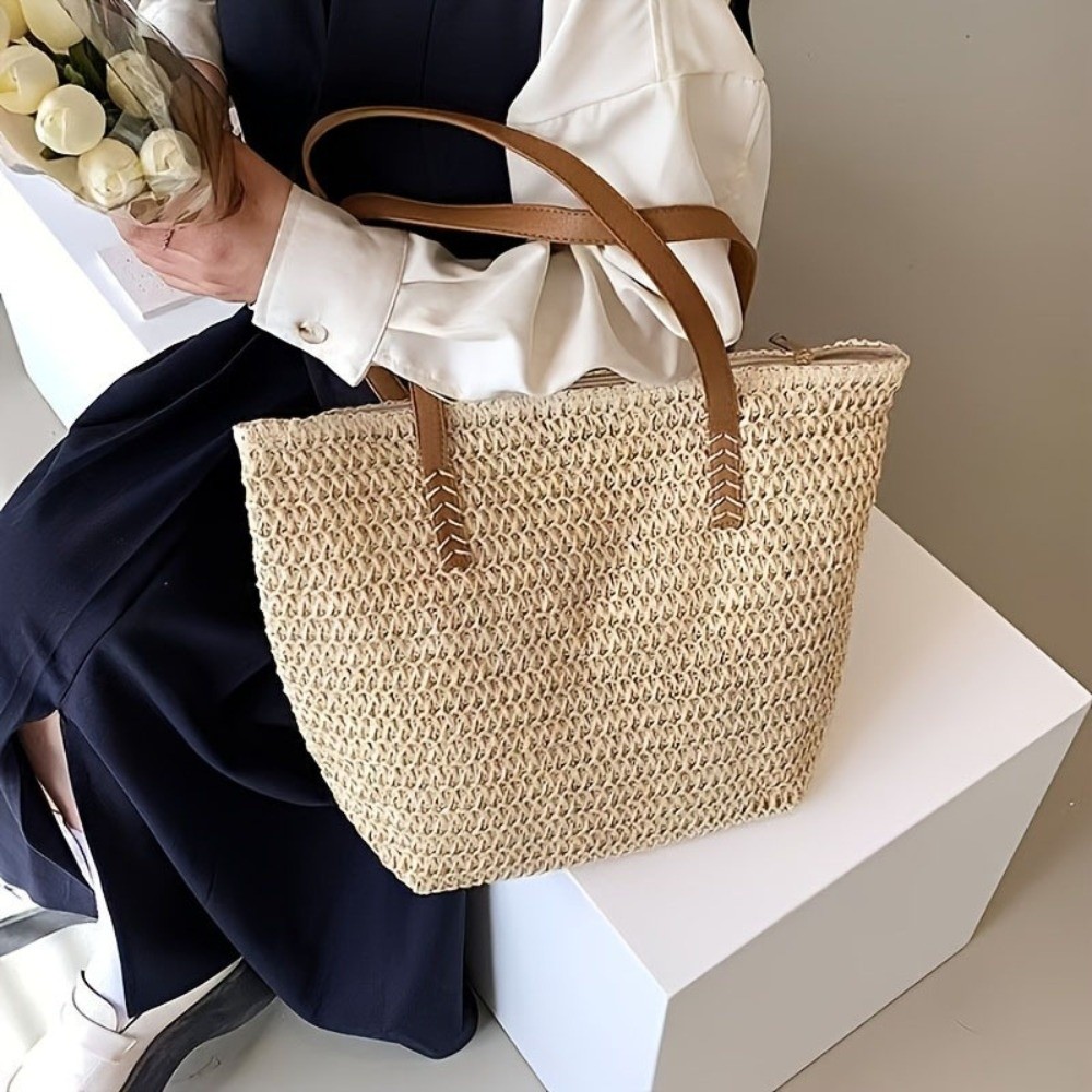 Fashion Solid Color Weave Stra - Tote Bag Beach 评论和价格