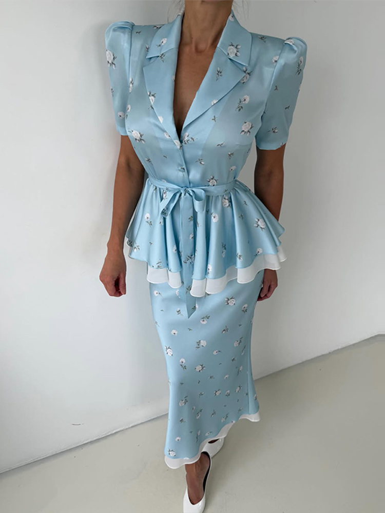 Floral Blazer Coat Skirt Sets  - Romper Floral Print 评论和价格