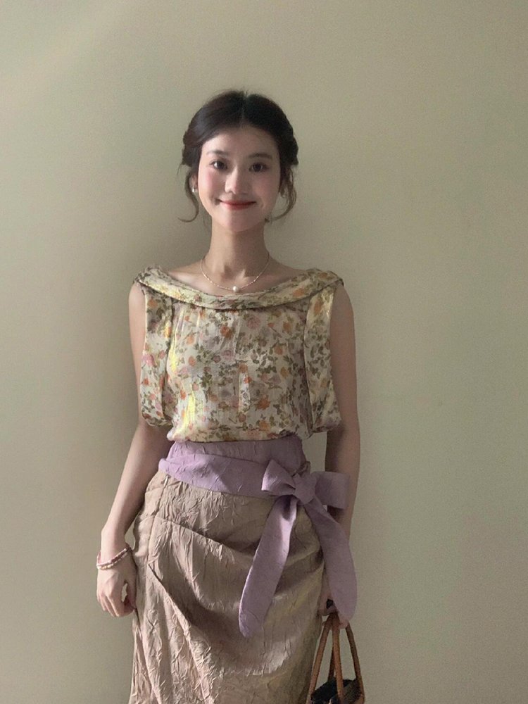 XZY Vintage Floral Sleeveless  - Midi Skirt Floral 评论和价格