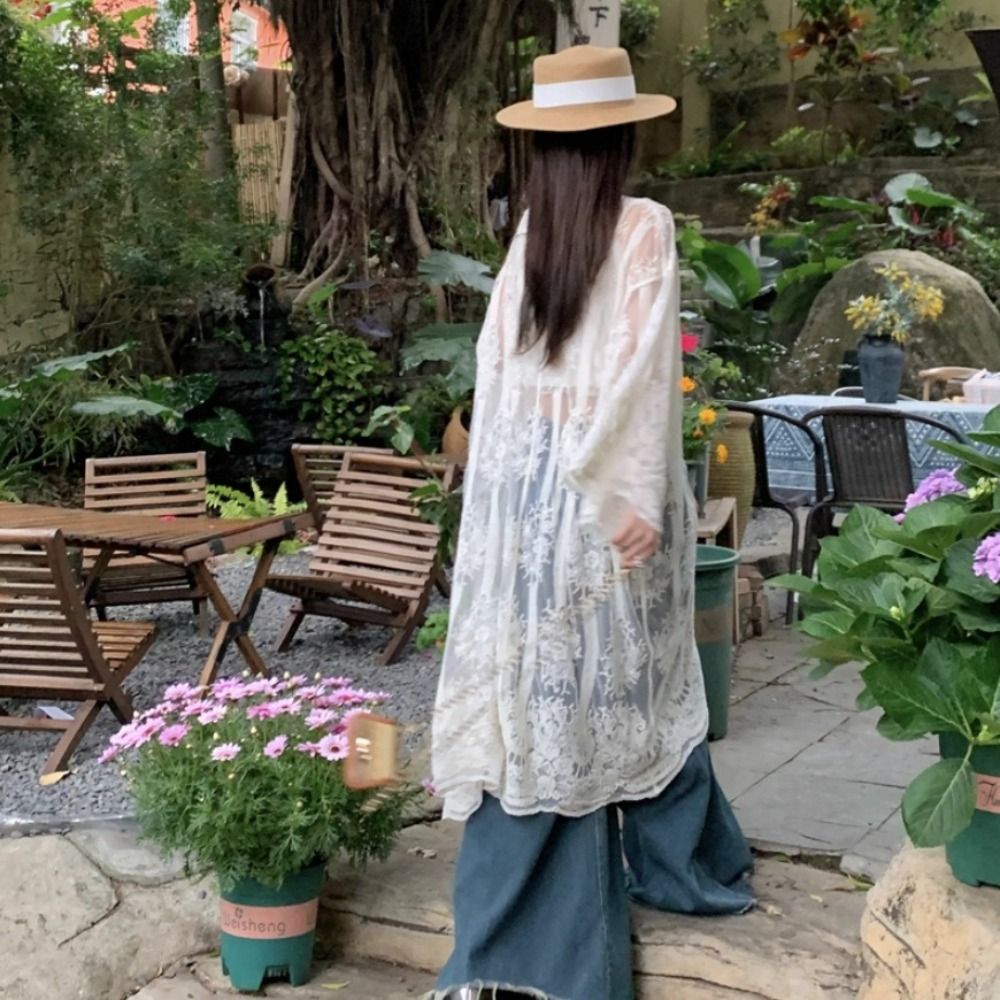 Lightweight Lace-Up Lace Blous - Kimono Sheer Floral 评论和价格
