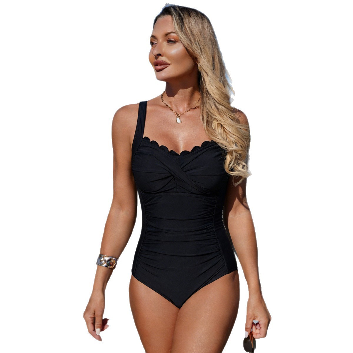 Black Swimsuit Scalloped Neckl - Swimsuit Bikini Ruched 评论和价格