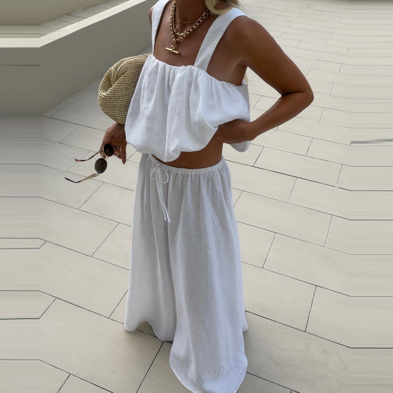 Women Elegant Sleeveless Solid - Linen Pant Wide 评论和价格