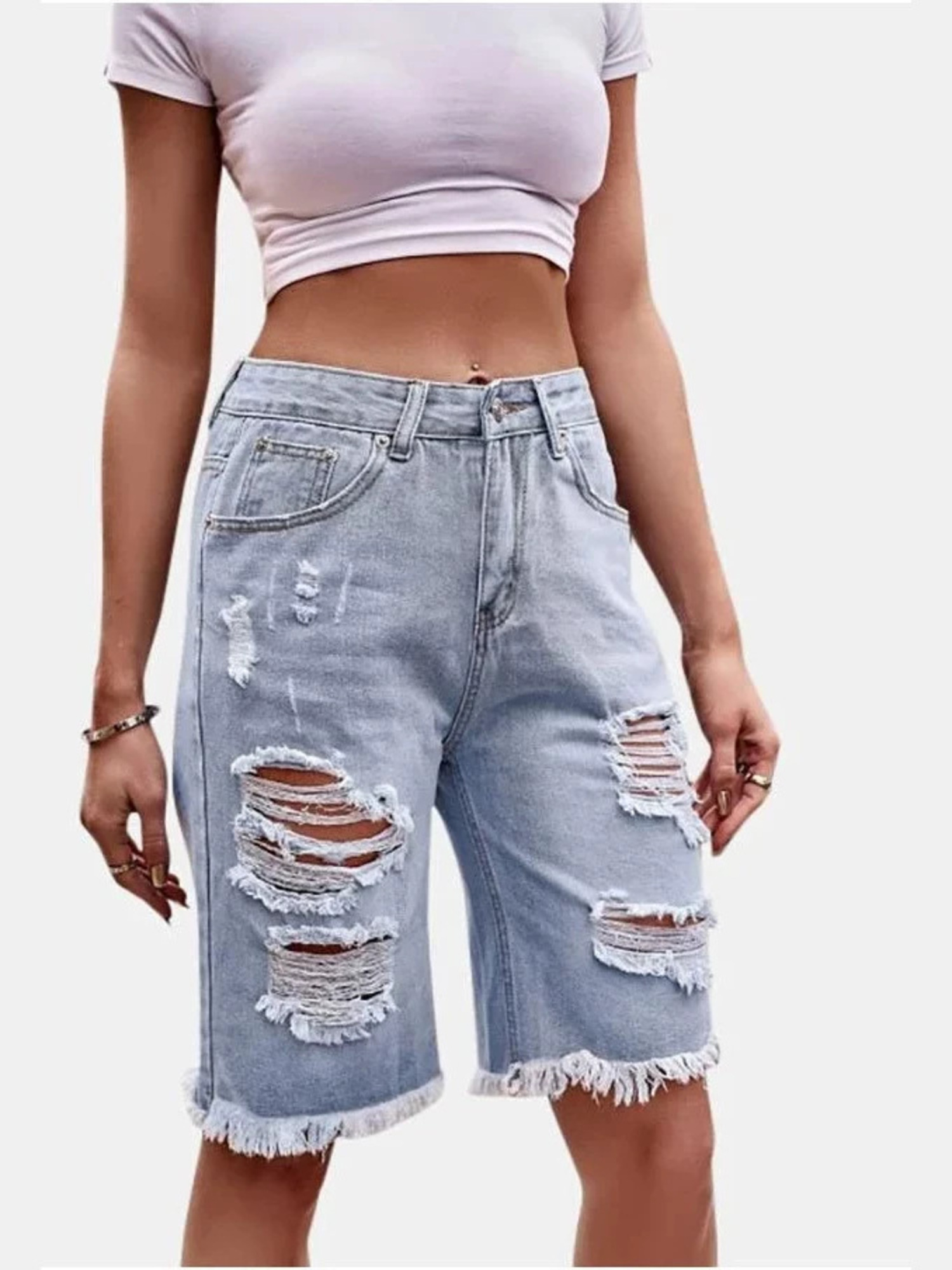 Women's High Waist Ripped Cott - Shorts Denim Frayed 评论和价格
