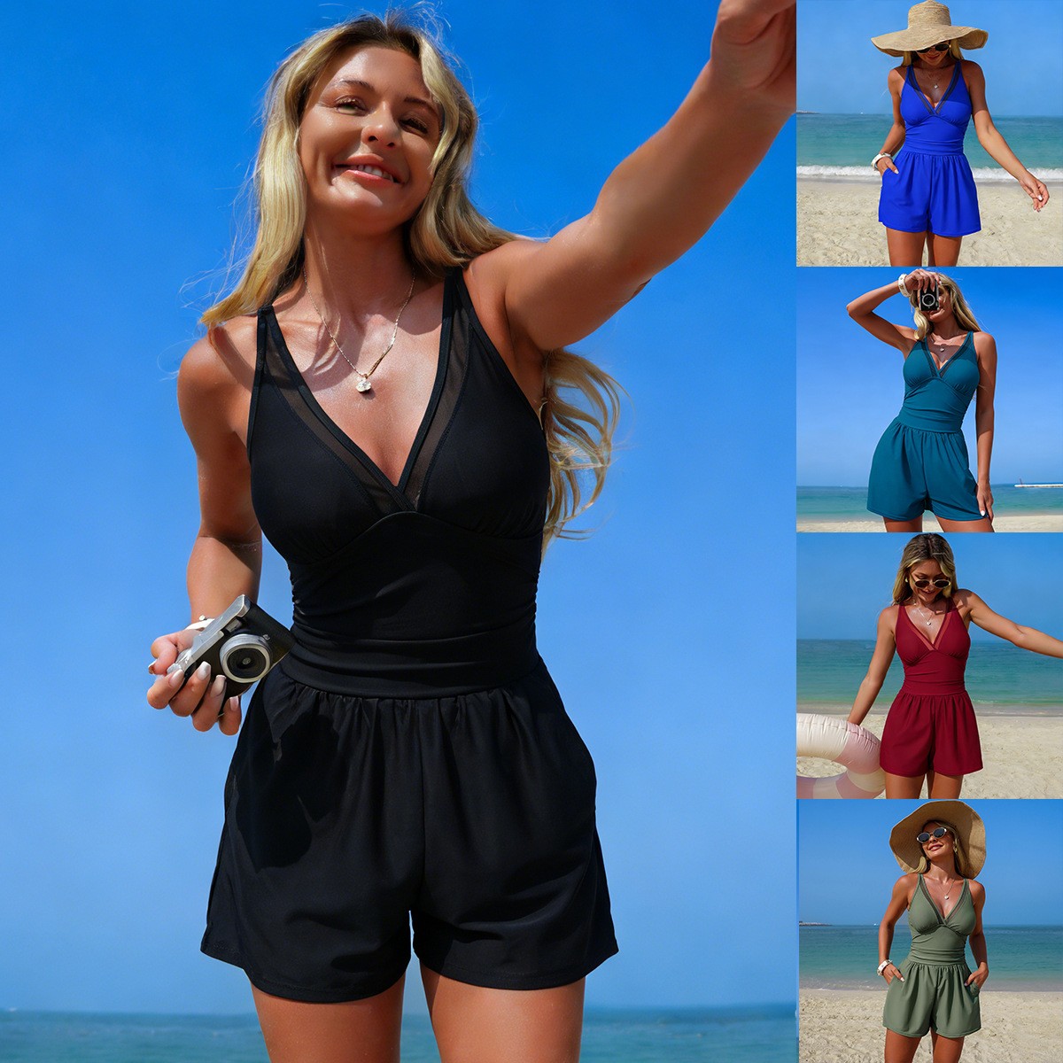 Black Solid Color Sleeveless V - Swimsuit Bikini Ruched 评论和价格
