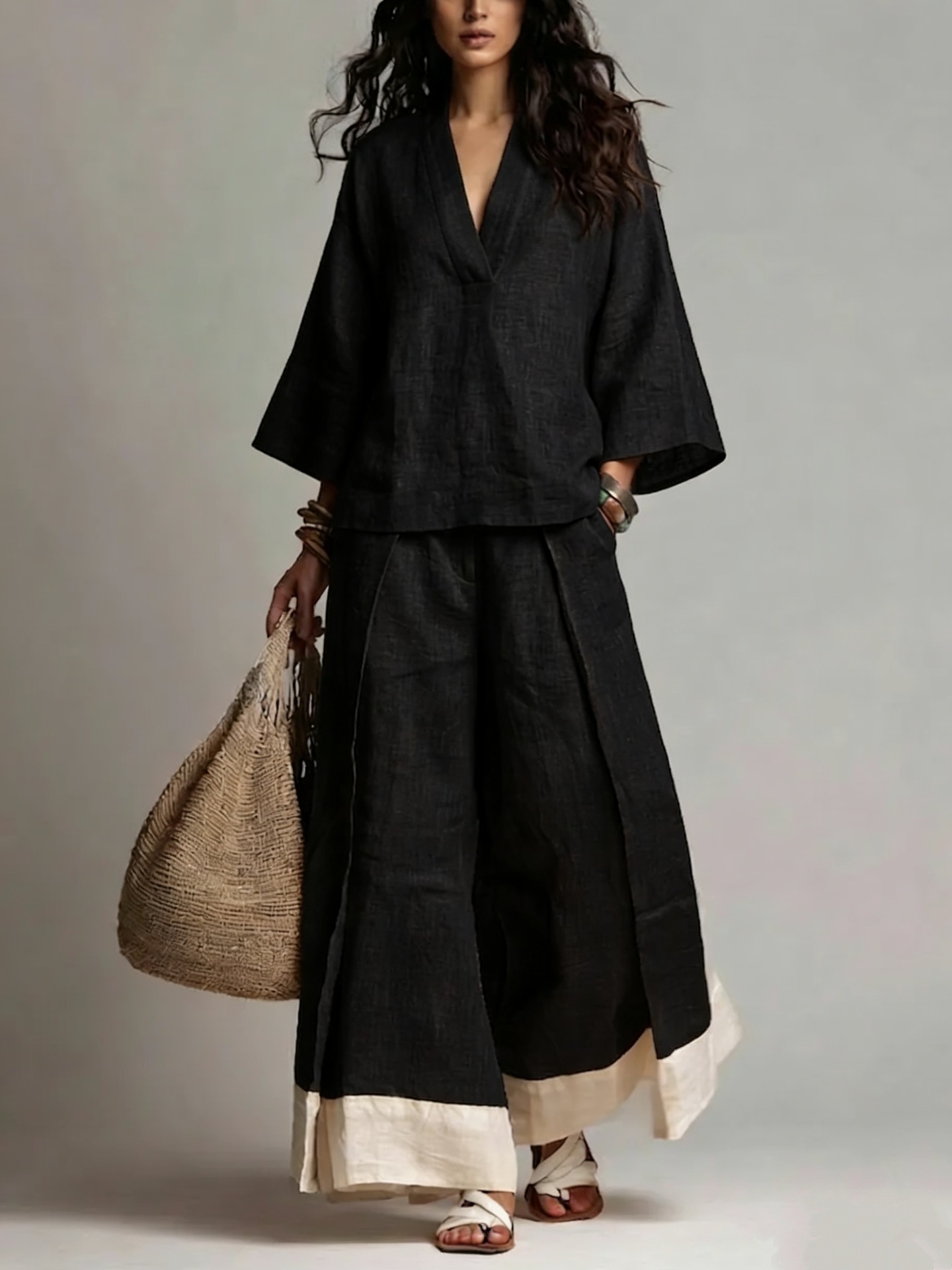 Summer Women V-neck Cotton Lin - Linen Pant Wide 评论和价格
