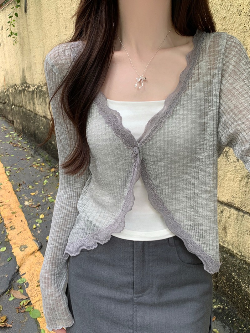 Lace Trim One Button Long Slee - Crop Top Crochet 评论和价格
