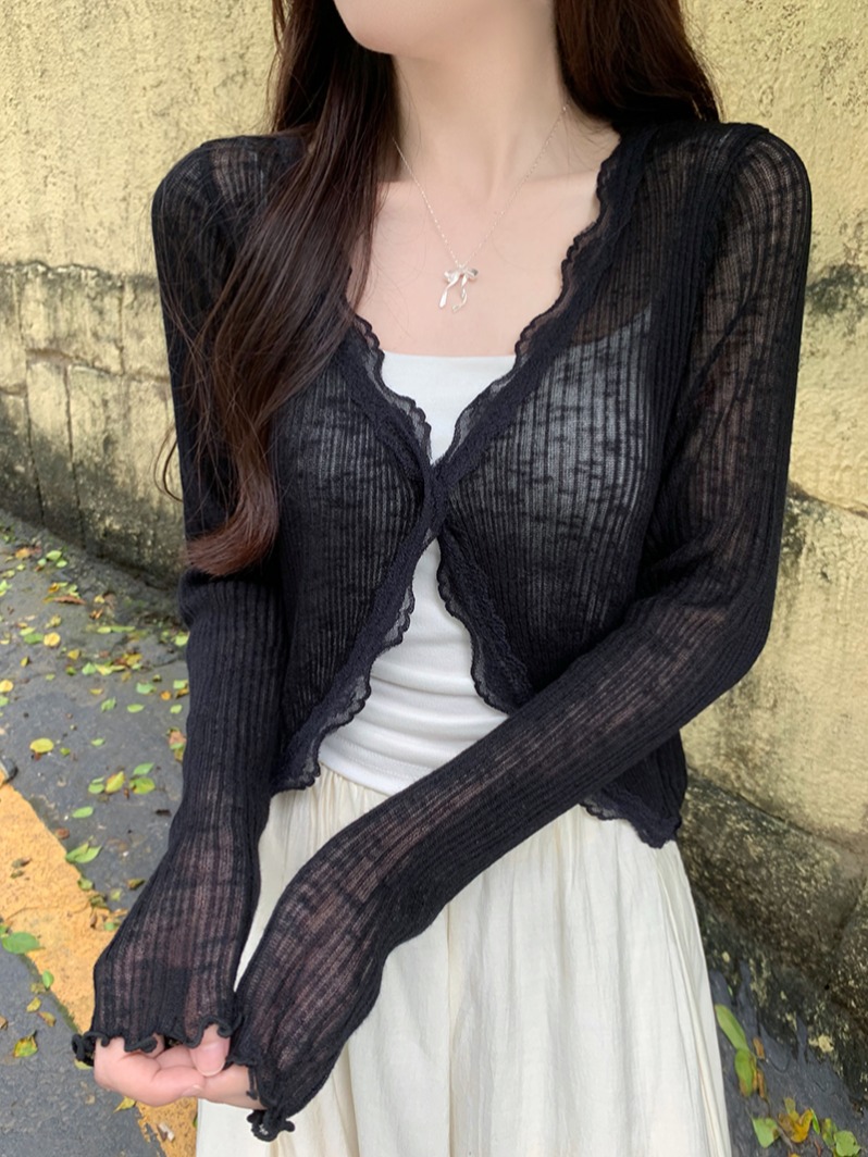 Lace Trim One Button Long Slee - Crop Top Crochet 评论和价格