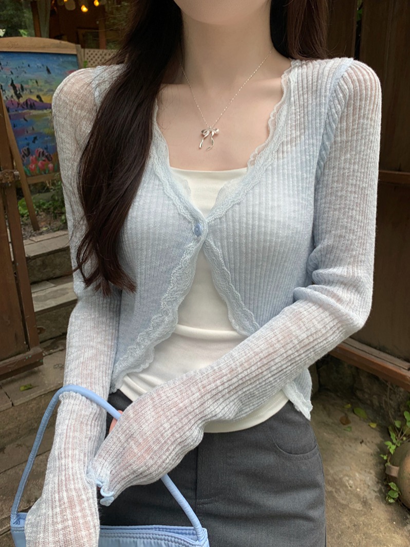 Lace Trim One Button Long Slee - Crop Top Crochet 评论和价格