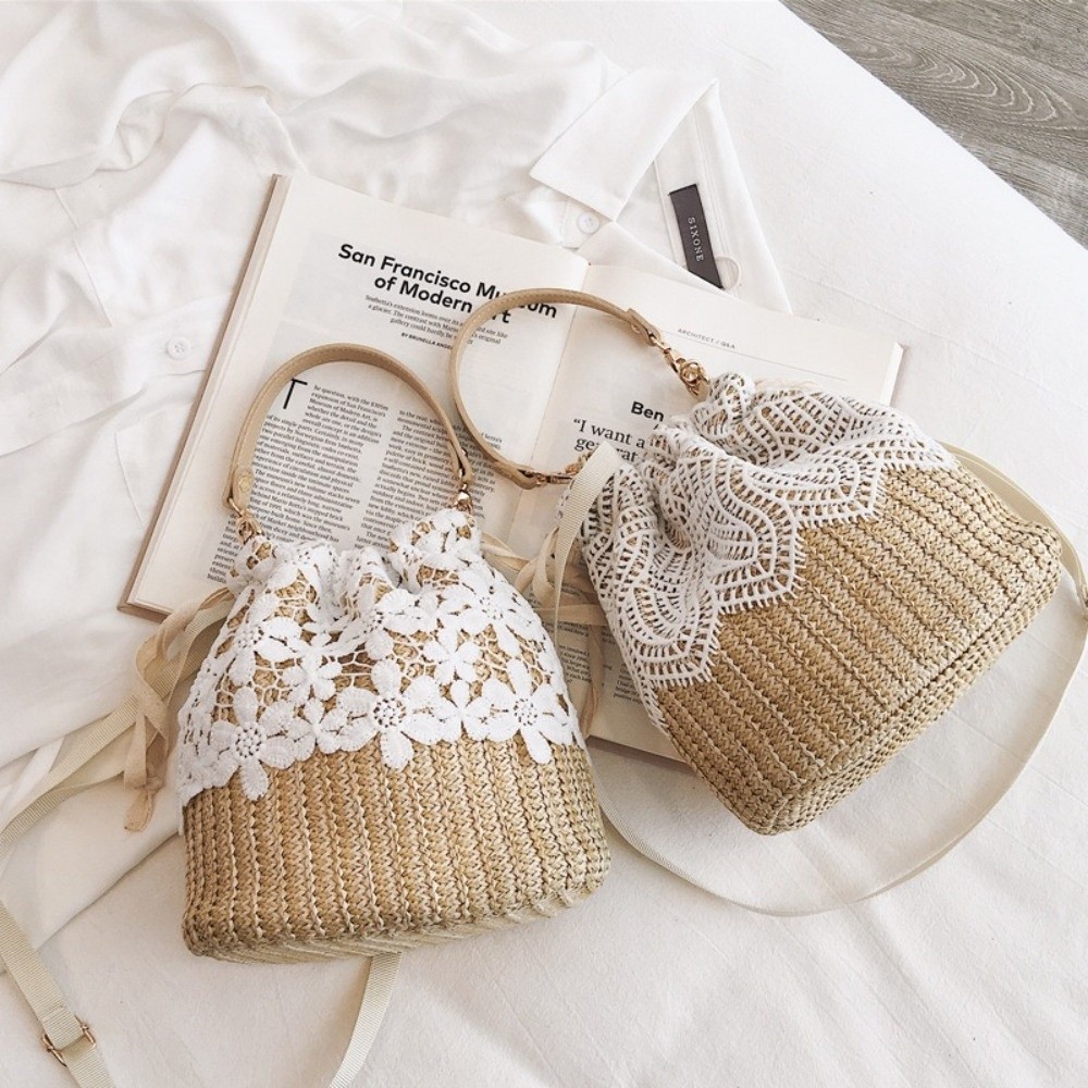 Vintage Lace Straw Shoulder Ba - Tote Bag Beach 评论和价格