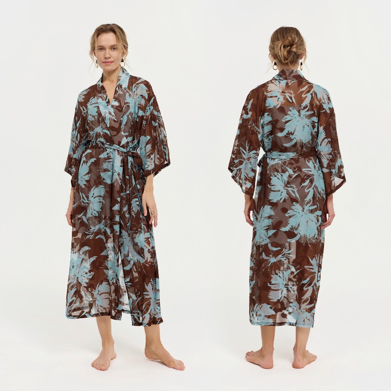 Women Black White Ink Floral S - Kimono Sheer Floral 评论和价格