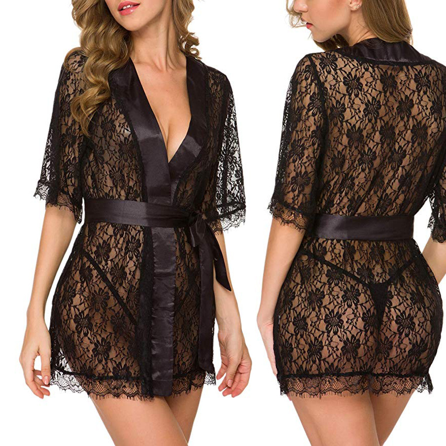 Floral Lace V-Neck Lingerie Ni - Kimono Sheer Floral 评论和价格